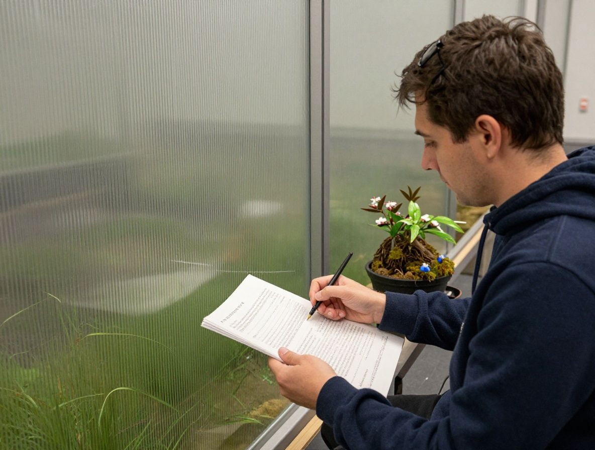 Henkilö tutkii tieteellistä artikkelia suurennuslasilla kirjoituspöydän ääressä, vihreä kasvi ikkunalla, rauhallinen tutkimusatmosfääri