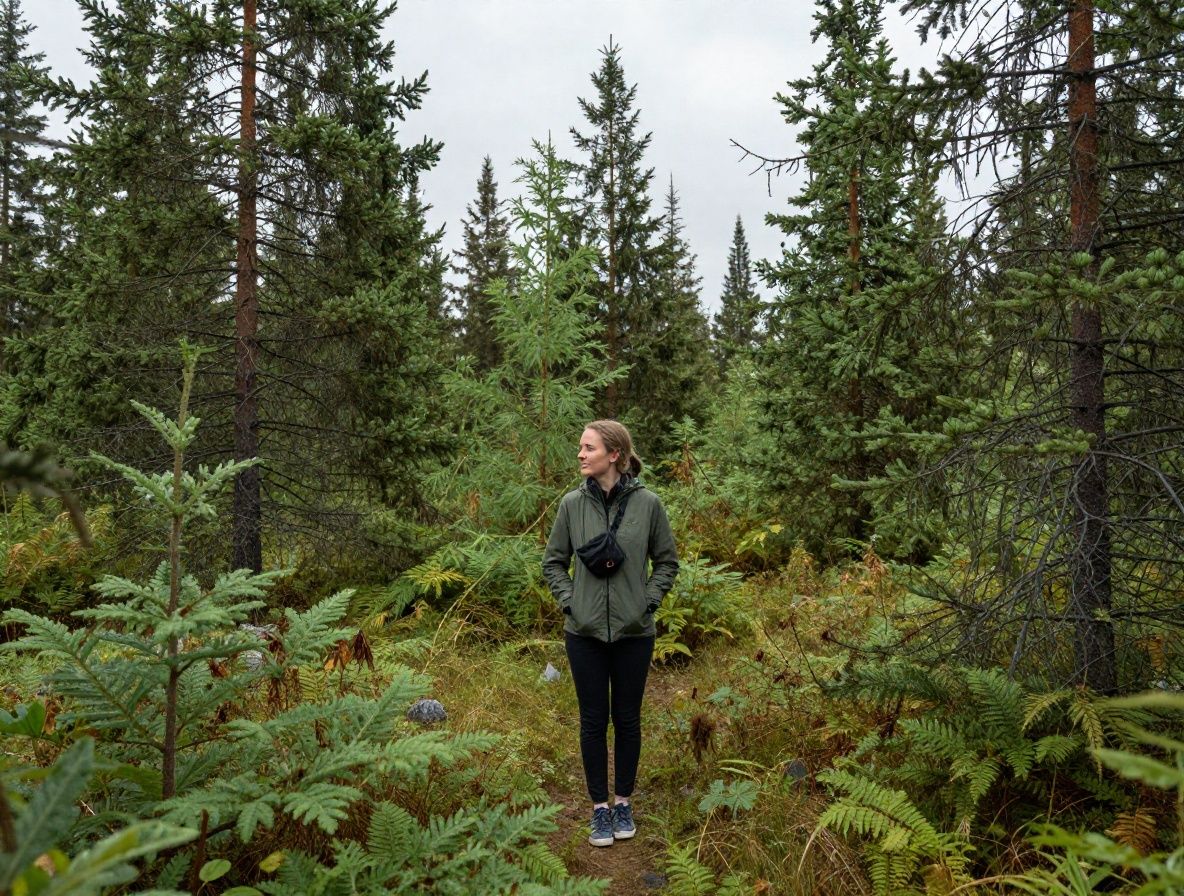 Keski-ikäinen nainen kävelee hiljaisella metsäpolulla syysauringossa, rauhalliset kasvot, hiljainen luontomaisema